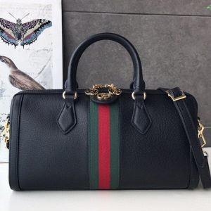 Replica Gucci 524532 Ophidia medium top handle bag in Black Leather With Web