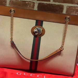 Replica Gucci 536416 Rajah GG tote Bag in Beige Denim with Brown leather