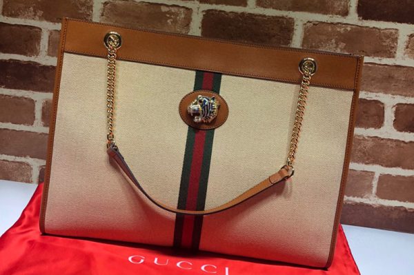 Replica Gucci 536416 Rajah GG tote Bag in Beige Denim with Brown leather