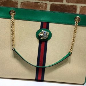 Replica Gucci 536416 Rajah GG tote Bag in Beige Denim with green leather