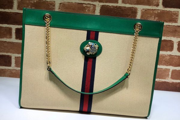 Replica Gucci 536416 Rajah GG tote Bag in Beige Denim with green leather