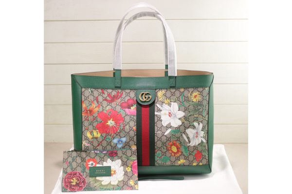 Replica Gucci 547947 Ophidia GG Flora medium tote Bag in Beige/ebony GG Supreme canvas