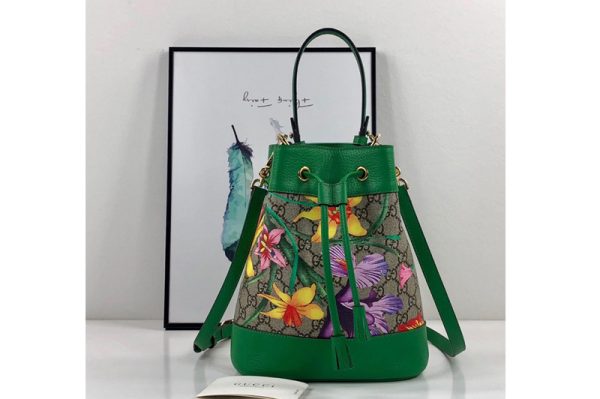 Replica Gucci ‎550621 Online Exclusive Ophidia GG Flora small bucket bag Green/GG Supreme canvas with Flora print