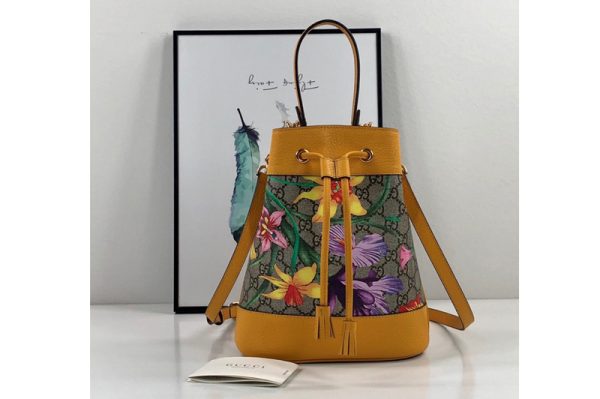 Replica Gucci ‎550621 Online Exclusive Ophidia GG Flora small bucket bag Yellow/GG Supreme canvas with Flora print