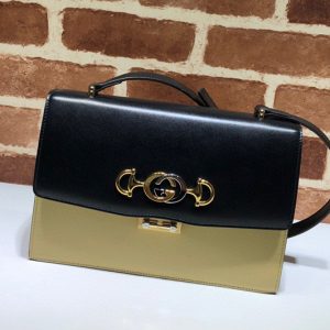 Replica Gucci ‎576388 Zumi smooth leather small shoulder bag in Black and beige smooth leather