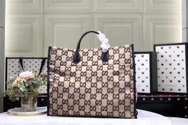 Replica Gucci 598169 GG wool tote Bags in Beige and ebony GG wool