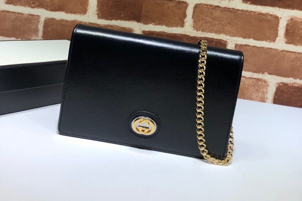 Replica Gucci 598549 Leather chain card case wallet in Black textured leather