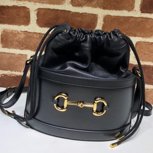 Replica Gucci 602118 GG 1955 Horsebit bucket bag Black/Blue textured leather