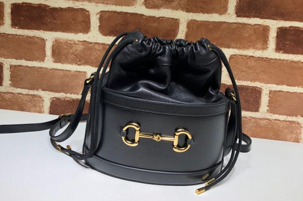 Replica Gucci 602118 GG 1955 Horsebit bucket bag Black/Blue textured leather