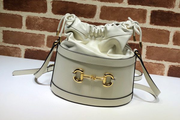 Replica Gucci 602118 GG 1955 Horsebit bucket bag White textured leather