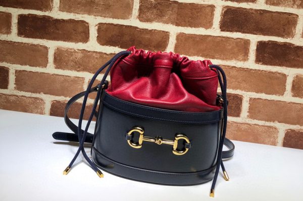 Replica Gucci 602118 GG 1955 Horsebit bucket bag Blue/Red textured leather