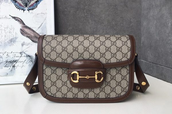 Replica Gucci 602204 1955 Horsebit shoulder bag in GG Supreme canvas and Brown Leather