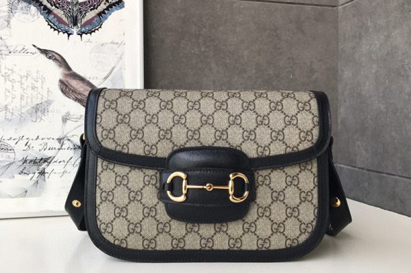 Replica Gucci 602204 1955 Horsebit shoulder bag in GG Supreme canvas and Black Leather