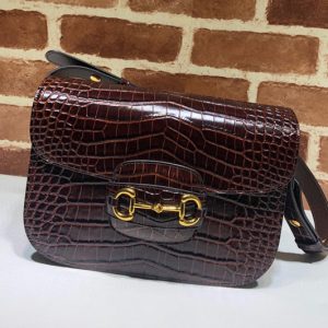 Replica Gucci ‎602204 1955 Horsebit shoulder bag in Burgundy Crocodile Embossed Leather