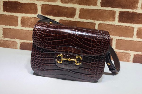 Replica Gucci ‎602204 1955 Horsebit shoulder bag in Burgundy Crocodile Embossed Leather