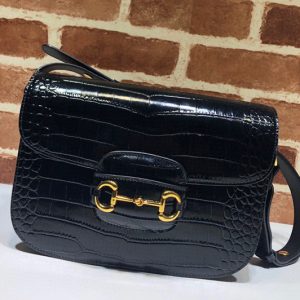 Replica Gucci ‎602204 1955 Horsebit shoulder bag in Black Crocodile Embossed Leather