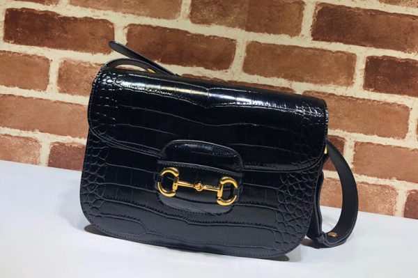 Replica Gucci ‎602204 1955 Horsebit shoulder bag in Black Crocodile Embossed Leather