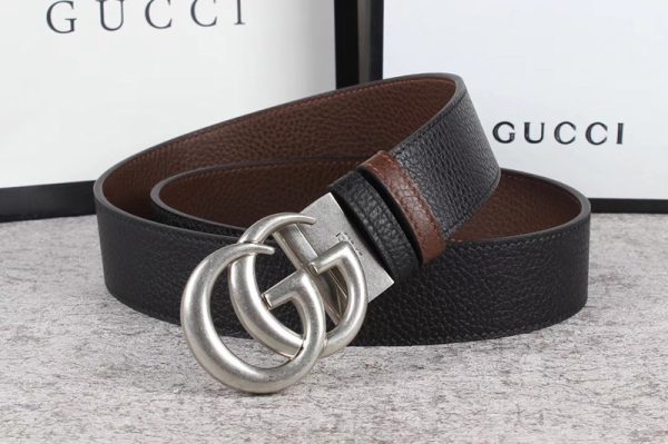 Replica Men's Gucci 40mm Reversible leather belt with Silver Double G buckle in Black Leather