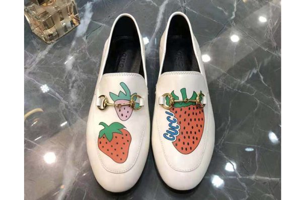 Replica Women's Gucci Jordaan embroidered leather loafer White Leather with strawberry