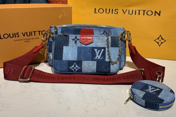 Replica Louis Vuitton M44990 LV Multi Pochette Accessoires bags in Blue/Red Monogram Denim canvas