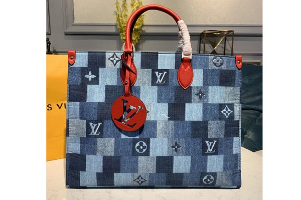 Replica Louis Vuitton M44992 LV Onthego GM tote bag in Blue/Red Monogram Denim canvas