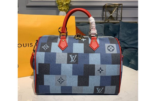 Replica Louis Vuitton M45041 LV Speedy Bandoulière 30 bag in Blue/Red Monogram Denim canvas