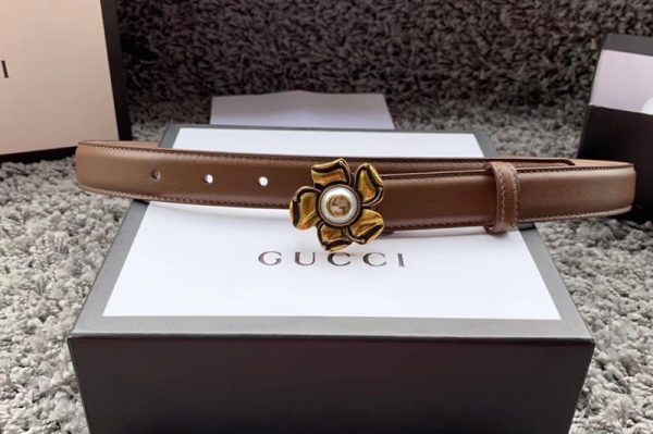 Replica Women's Gucci 370717 GG Marmont 25mm Leather belt with Flower Buckle in Caramel Leather