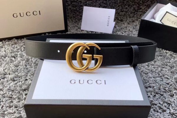 Replica Men's Gucci 414516 35mm Leather belt with Gold Double G buckle in Black Leather