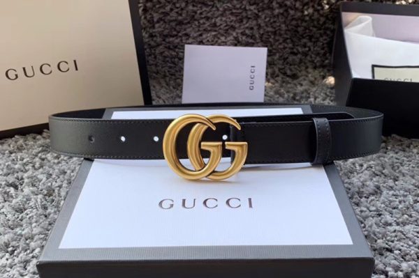 Replica Men's Gucci 414516 30mm Leather belt with Gold Double G buckle in Black Leather