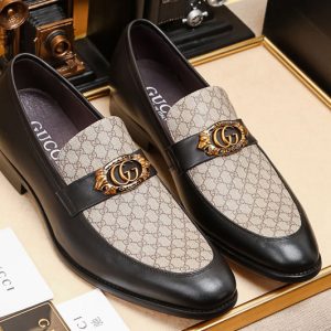 Replica Mens Gucci Leather loafer and Shoes Brown Canvas and Black Leather