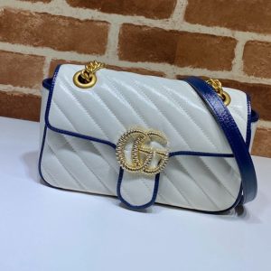 Replica Gucci 446744 GG Marmont matelasse mini bag in White Leather With Dark blue leather trim