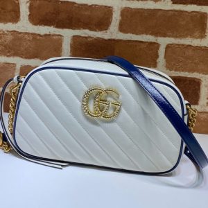 Replica Gucci 447632 GG Marmont small shoulder bag in White Leather With Dark blue leather trim