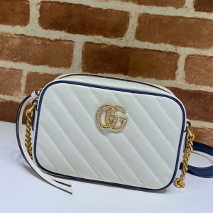 Replica Gucci 448065 GG Marmont matelasse mini bag in White Leather With Dark blue leather trim