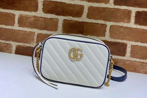 Replica Gucci 448065 GG Marmont matelasse mini bag in White Leather With Dark blue leather trim