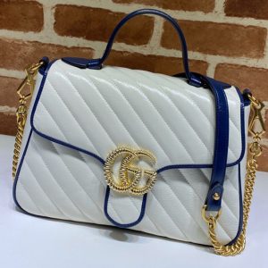 Replica Gucci 498110 GG Marmont small top handle bag in White Leather With Dark blue leather trim