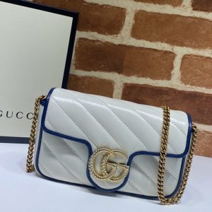 Replica Gucci 574969 GG Marmont super mini bag in White Leather With Dark blue leather trim