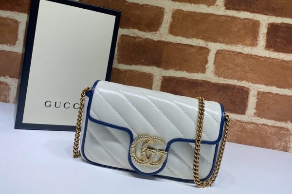 Replica Gucci 574969 GG Marmont super mini bag in White Leather With Dark blue leather trim