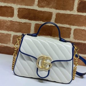 Replica Gucci 583571 GG Marmont mini top handle bag in White Leather With Dark blue leather trim