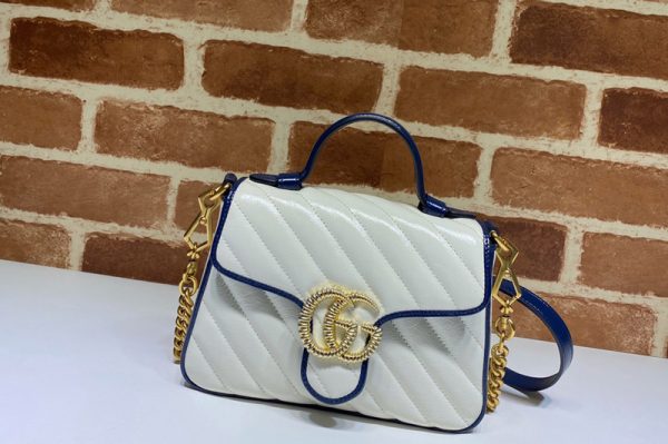 Replica Gucci 583571 GG Marmont mini top handle bag in White Leather With Dark blue leather trim