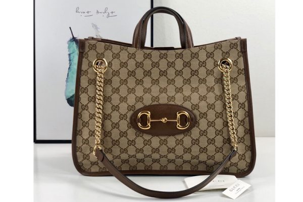 Replica Gucci 621144 Gucci 1955 Horsebit Medium tote bag in Original GG canvas With Brown Leather