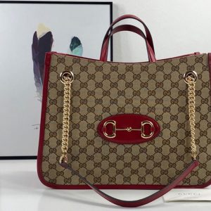 Replica Gucci 621144 Gucci 1955 Horsebit Medium tote bag in Original GG canvas With Red Leather