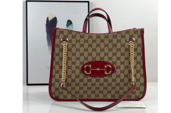 Replica Gucci 621144 Gucci 1955 Horsebit Medium tote bag in Original GG canvas With Red Leather