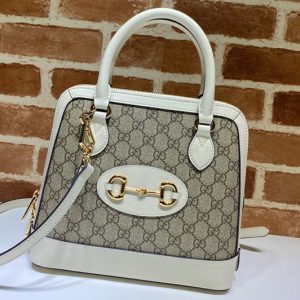 Replica Gucci 621220 Gucci 1955 Horsebit small top handle bag in Beige/ebony GG Supreme canvas With White Leather