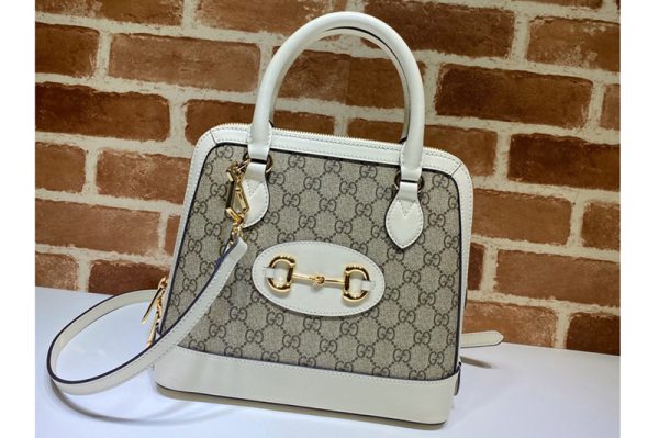 Replica Gucci 621220 Gucci 1955 Horsebit small top handle bag in Beige/ebony GG Supreme canvas With White Leather