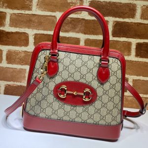 Replica Gucci 621220 Gucci 1955 Horsebit small top handle bag in Beige/ebony GG Supreme canvas With Red Leather