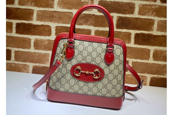 Replica Gucci 621220 Gucci 1955 Horsebit small top handle bag in Beige/ebony GG Supreme canvas With Red Leather