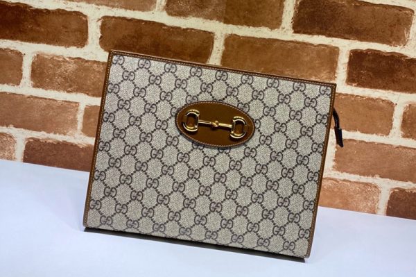 Replica Gucci 621890 Gucci 1955 Horsebit pouch in Beige/ebony GG Supreme canvas