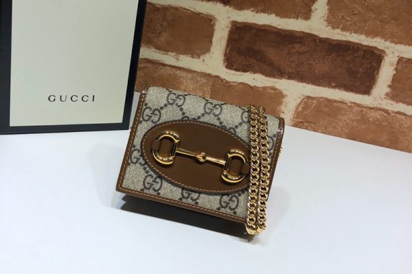 Replica Gucci 623180 Gucci 1955 Horsebit wallet with chain GG Supreme Canvas With Brown Leather