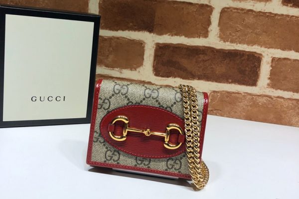 Replica Gucci 623180 Gucci 1955 Horsebit wallet with chain GG Supreme Canvas With Red Leather