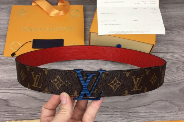 Replica Louis Vuitton MP069V LV Initiales 40mm reversible belt In Red Epi/Monogram Canvas With Blue Buckle